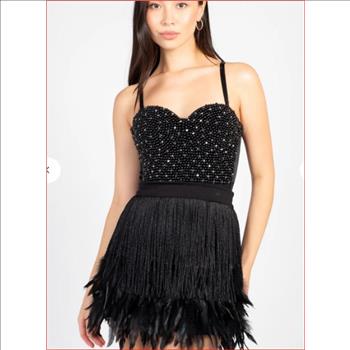Destiny Fringe Feather Trim Mini Skirt Medium