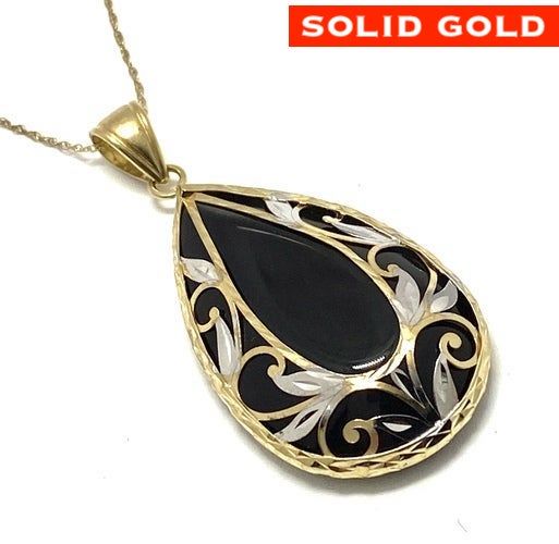 10k Yellow Gold, 1 1/4"x3/4" Genuine Black Onyx Pendant Necklace