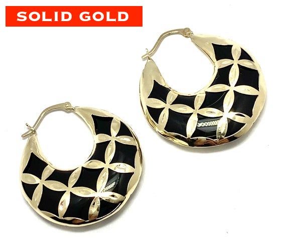 10k Yellow Gold, 1/2"x3/4" Genuine Black Onyx Hoop Earrings