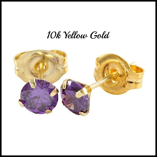 10k Yellow Gold, 4mm Amethyst Stud Earrings