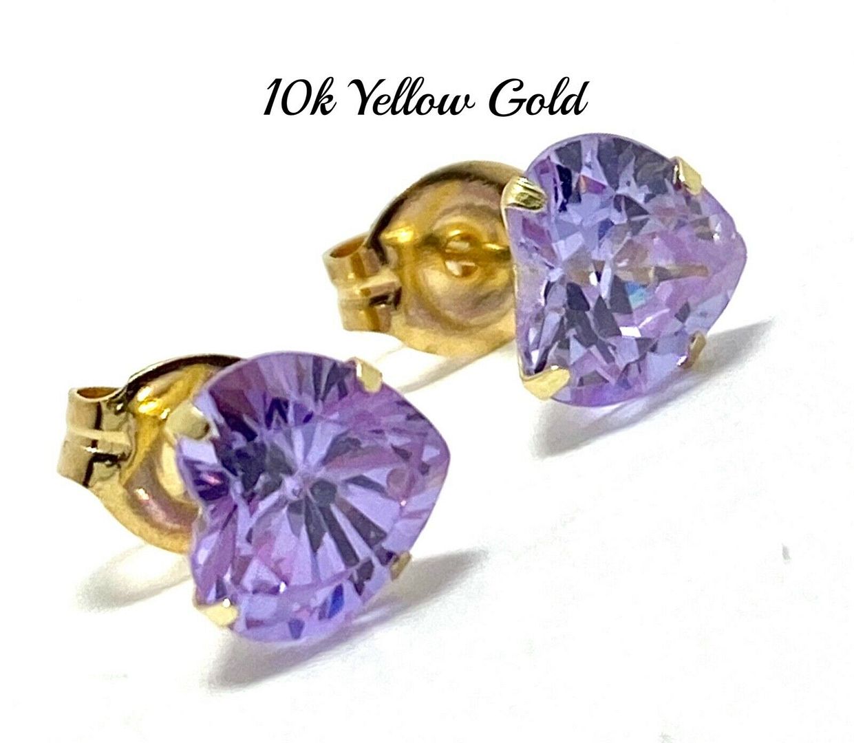 10k Yellow Gold 6mm Heart Cut Lilac Amethyst Stud Earrings Beautifully Dainty