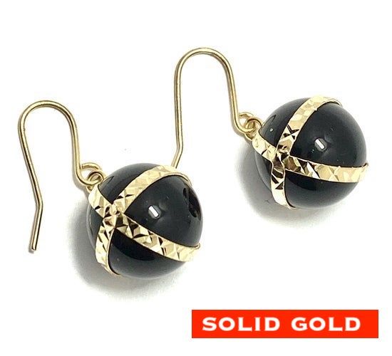 14k Yellow Gold, 1/2" in Diameter Genuine Black Onyx Drop Earrings