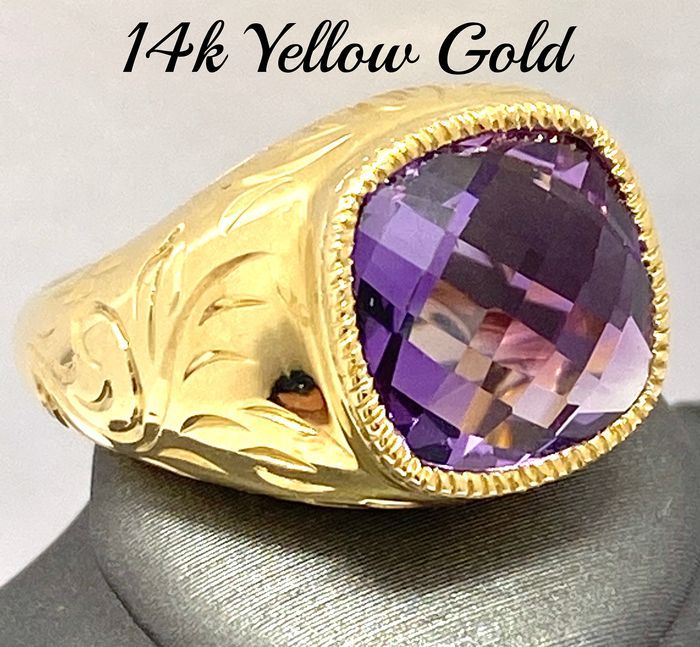 14k Yellow Gold, 22.00ctw Natural  Amethyst Ring Size 7