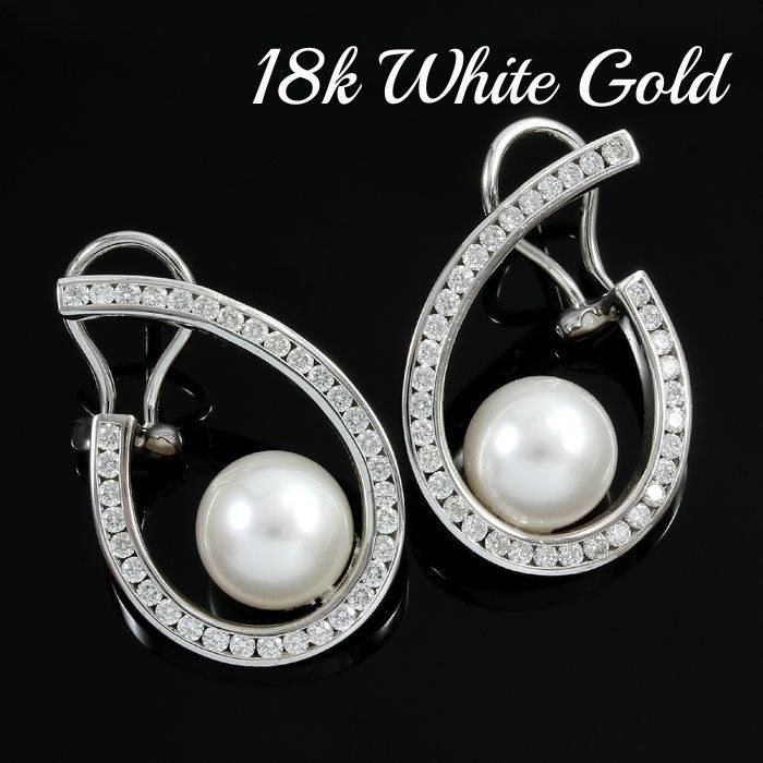 18kt White Gold, 1.28ctw Natural Diamond & 10 mm Japanese Akoya Pearl Women's Earrings