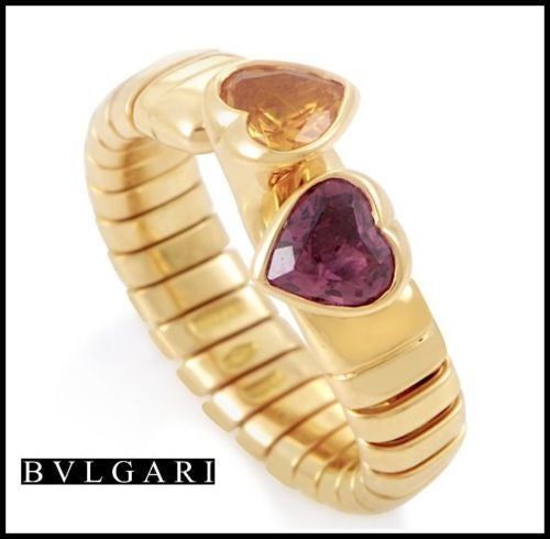 Estate Bvlgari 18k Yellow Gold Citrine & Tourmaline Heart Band / Ring sz 6 3/4