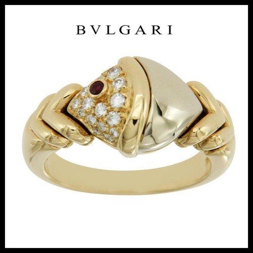 Estate BVLGARI Tow Tone Natural  Diamonds & Ruby 18k Gold Ring Size 5