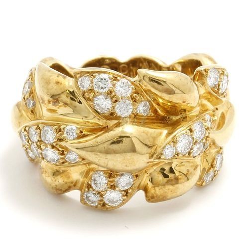 Estate CHANEL 18K Yellow Gold Leaf Motif Diamond Ring sz 4