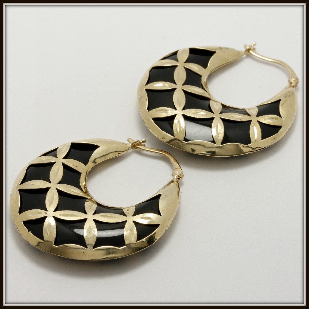 Solid 14k Yellow Gold Black Onyx Hoop Earrings Property Room Solid 14k Yellow Gold Black Onyx Hoop Earrings
