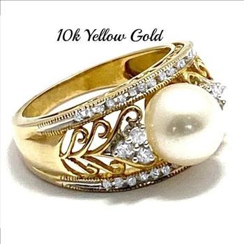 10k Yellow Gold, 7mm White Pearl & 0.25ctw White Sapphire Ring Size 7