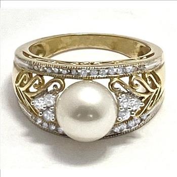 10k Yellow Gold, 7mm White Pearl & 0.25ctw White Sapphire Ring Size 7