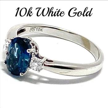 10k White Gold, 0.11ct Genuine Diamond & 1.50ct London Blue Topaz Ring Size 5.5
