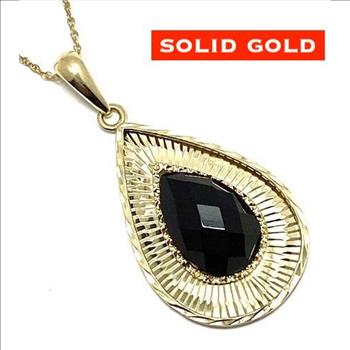 10k Yellow Gold, 4.25ct Genuine Black Onyx Pendant Necklace