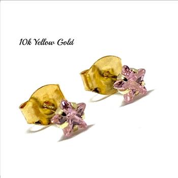 10k Yellow Gold 4mm Star Cut Pink Topaz Stud Earrings Beautifully Dainty