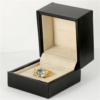 Bvlgari 18K Yellow Gold, Aqua Cabochon Ring Estate  sz 5.5