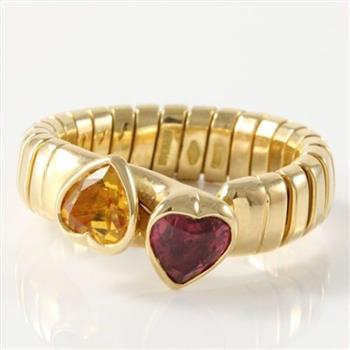 Estate Bvlgari 18k Yellow Gold Citrine & Tourmaline Heart Band / Ring sz 6 3/4