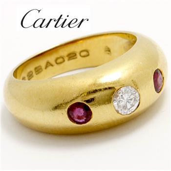 Estate Cartier 18K Yellow Gold Ruby & Diamond Band Ring sz 5.25