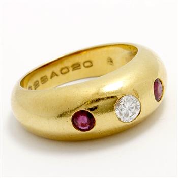 Estate Cartier 18K Yellow Gold Ruby & Diamond Band Ring sz 5.25