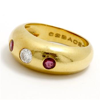 Estate Cartier 18K Yellow Gold Ruby & Diamond Band Ring sz 5.25