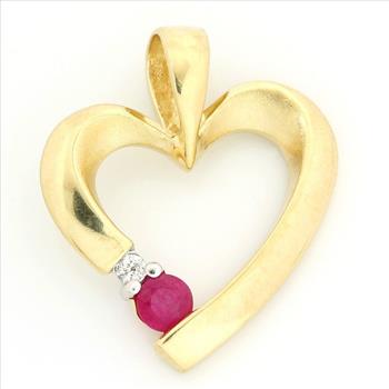 Solid 14k Yellow Gold, 0.29ctw Genuine H/SI Diamond & Ruby Heart Shape Pendant
