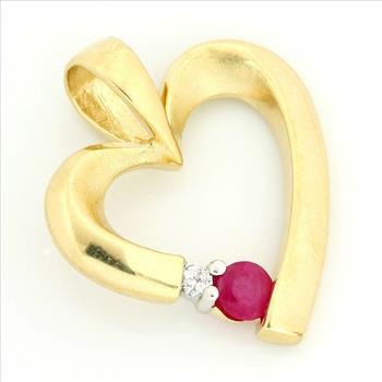 Solid 14k Yellow Gold, 0.29ctw Genuine H/SI Diamond & Ruby Heart Shape Pendant