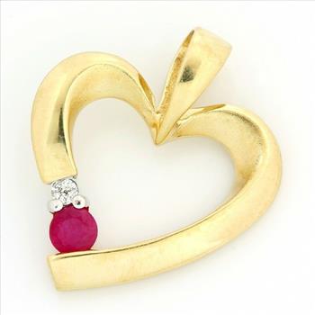 Solid 14k Yellow Gold, 0.29ctw Genuine H/SI Diamond & Ruby Heart Shape Pendant