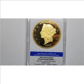 1849 Liberty Head Double Eagle Replica Cu Layered in 24k Gold 