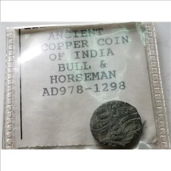 978-1298 Ancient Copper Coin Of India Bull And Horseman 