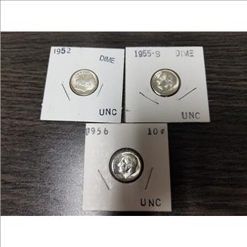3 Uncirculated Silver Roosevelt Dimes 1952-1956