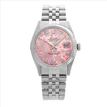 Rolex Unisex Datejust 16014 Pink Flower Diamond Dial Fluted Bezel 36mm Watch