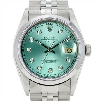 Rolex Mens Datejust Steel 36mm Ice Blue Diamond Dial Smooth Bezel Watch