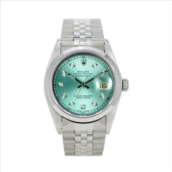 Rolex Mens Datejust Steel 36mm Ice Blue Diamond Dial Smooth Bezel Watch