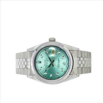 Rolex Mens Datejust Steel 36mm Ice Blue Diamond Dial Smooth Bezel Watch