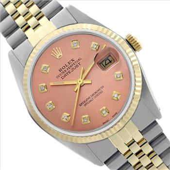 Rolex Mens Datejust 16013 Pink Salmon Diamond Dial Fluted Bezel 36mm Watch