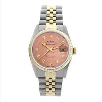 Rolex Mens Datejust 16013 Pink Salmon Diamond Dial Fluted Bezel 36mm Watch