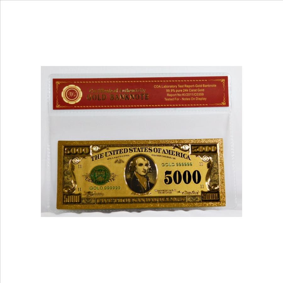 1928 5,000 24K Gold Banknote w/COA Laboratory Test Report Modern
