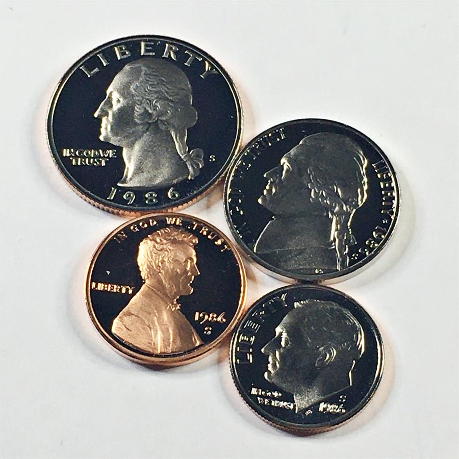 1986S Proof Washington Quarter, Roosevelt Dime, Jefferson Nickel and