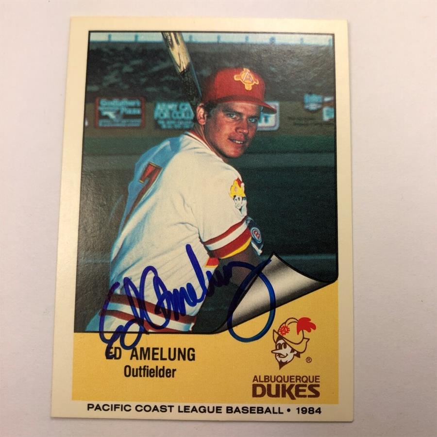 Signed Ed Amelung Albuquerque Dukes Baseball Card in protective sleeve