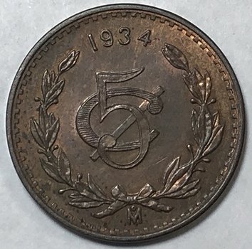 1934 Mexico 5 Centavos High Grade Property Room