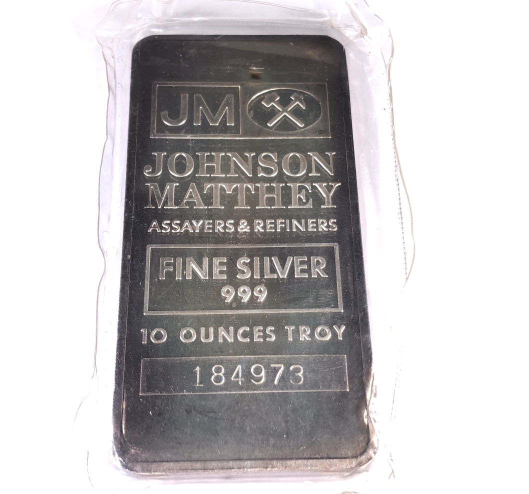 10 Troy Ounces .999 Fine Silver Bar*Johnson Matthey Assayers*Numbered