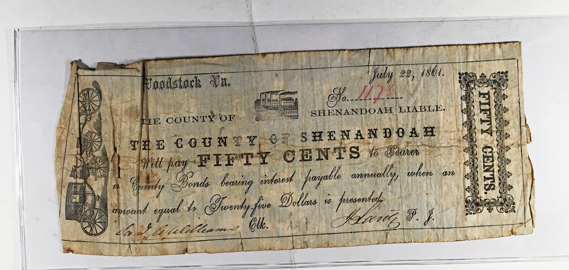 1861 50 CENTS THE COUNTY OF SHENANDOAH WOODSTOCK, VA OBSOLETE SCRIP ...