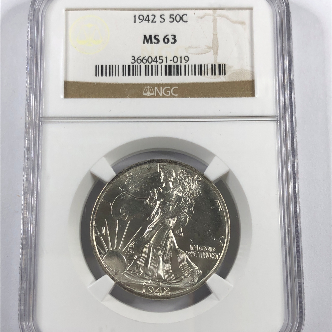 1942 S Walking Liberty Silver Half Dollar Graded Mint State 63 by NGC ...