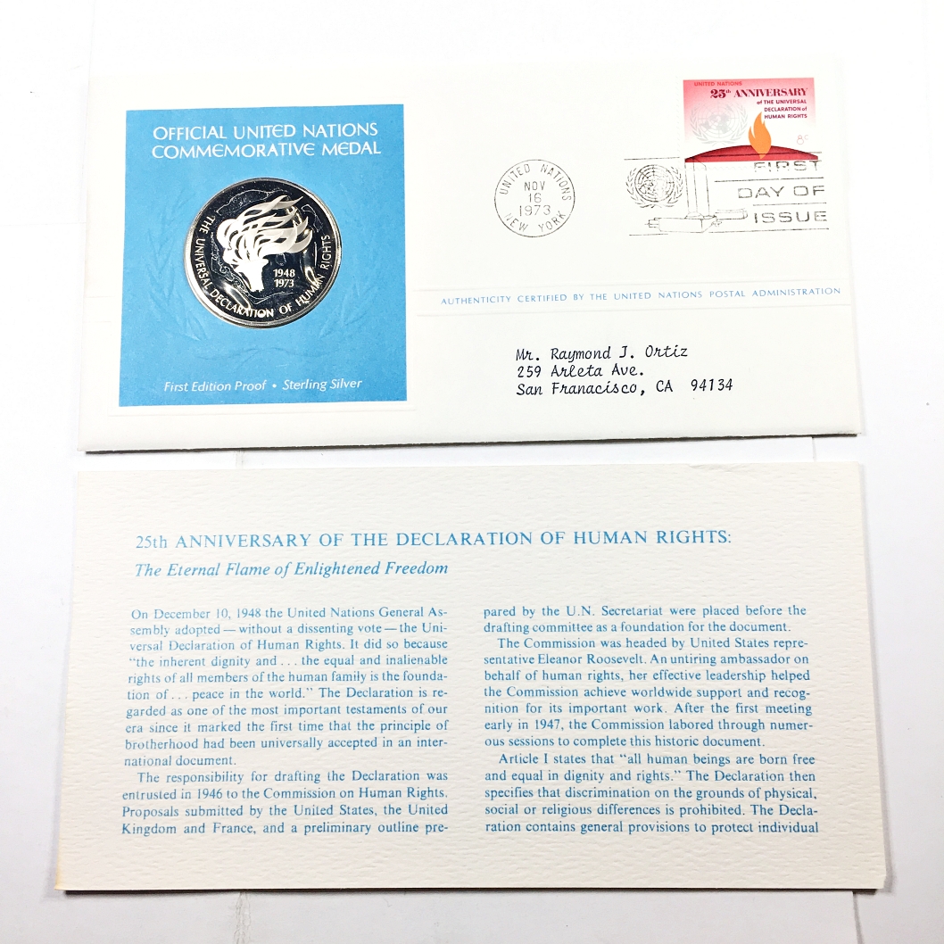 1973 Sterling Silver First Edition Proof of United Nations Human Rights ...