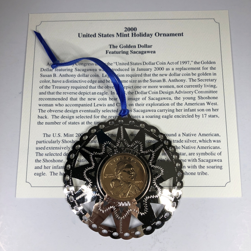 2000-P Sacagawea Commemorative Dollar in Trade Silver Ornament with a ...