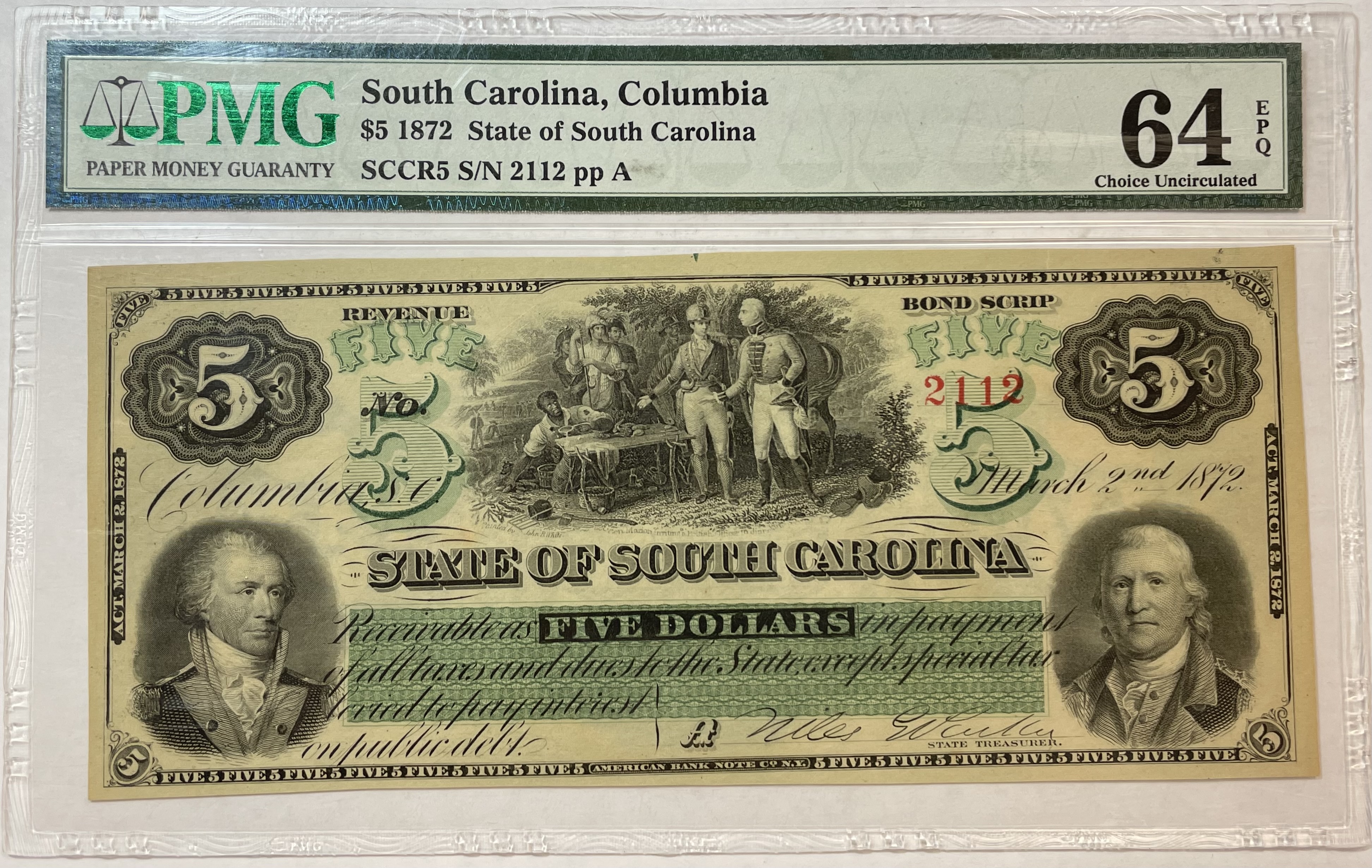1872 $5 State of South Carolina, Columbia Note PMG Graded Choice ...