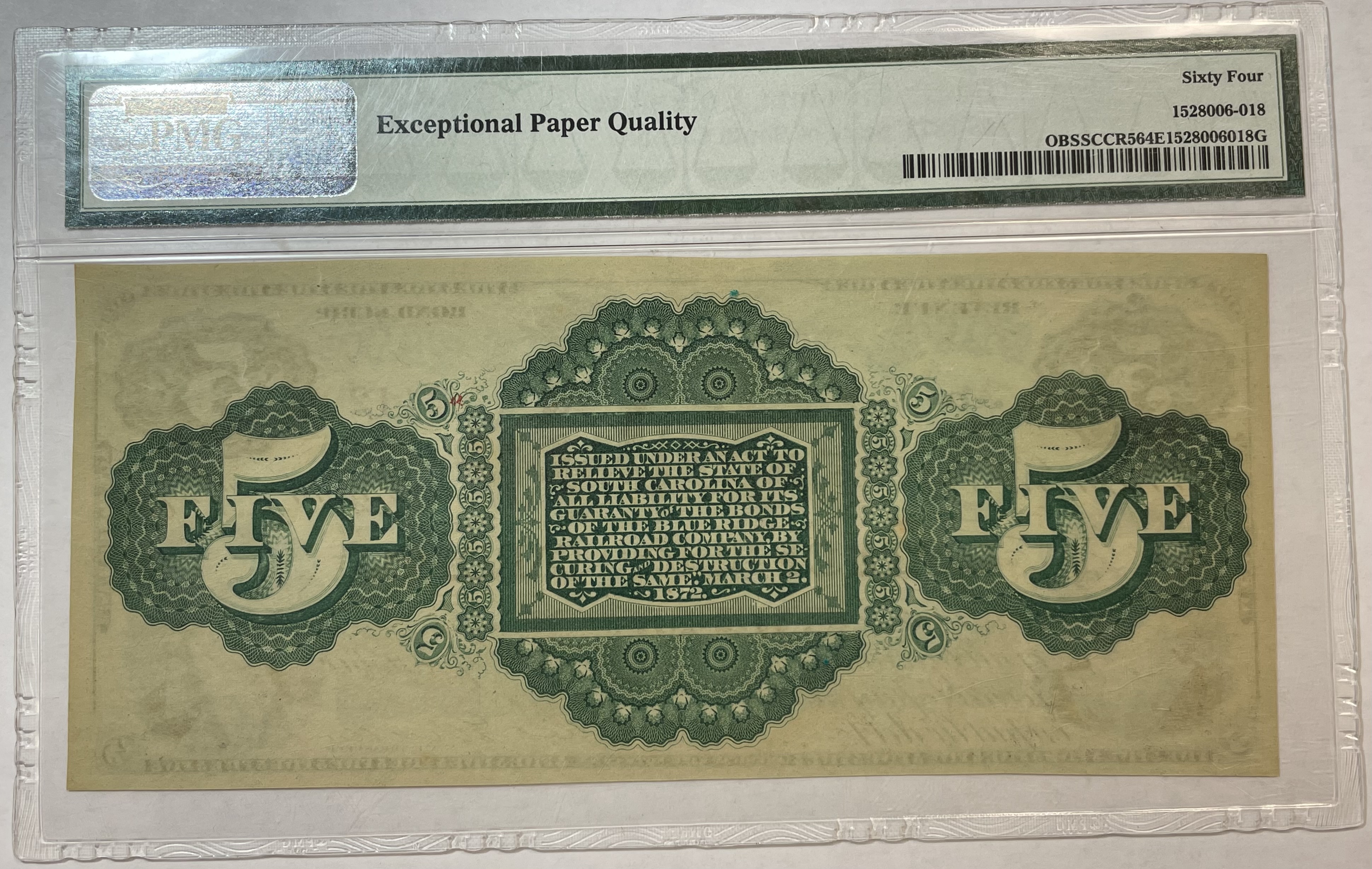1872 $5 State of South Carolina, Columbia Note PMG Graded Choice ...