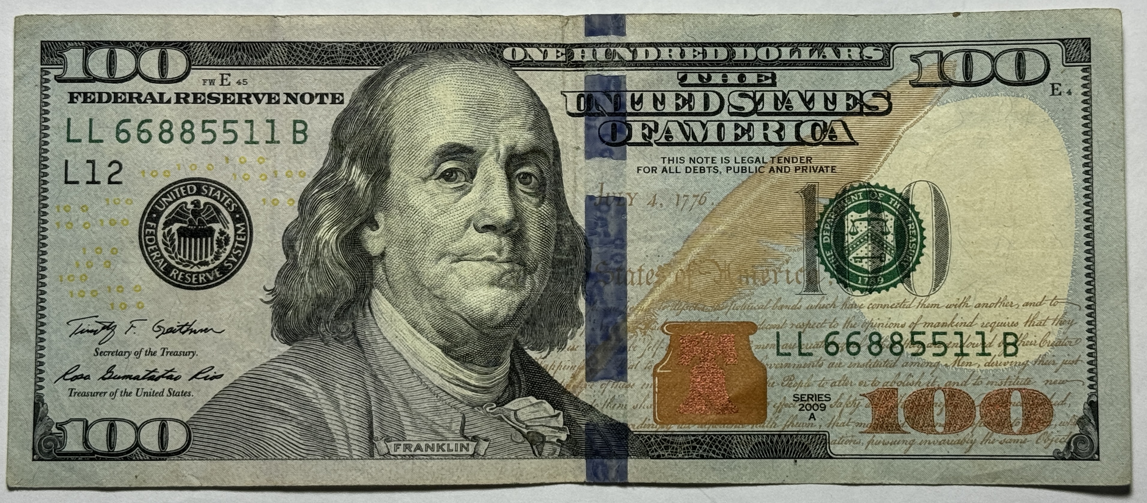 FANCY SERIAL NUMBER 2009A $100 Federal Reserve Note LL66885511B ...