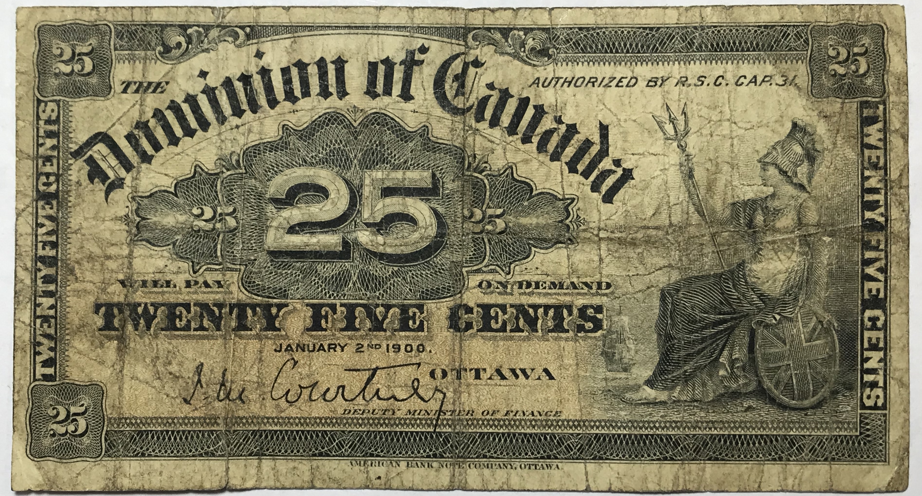 1900 Dominion of Canada Ottawa Twenty Five Cents Bank Note | Property Room