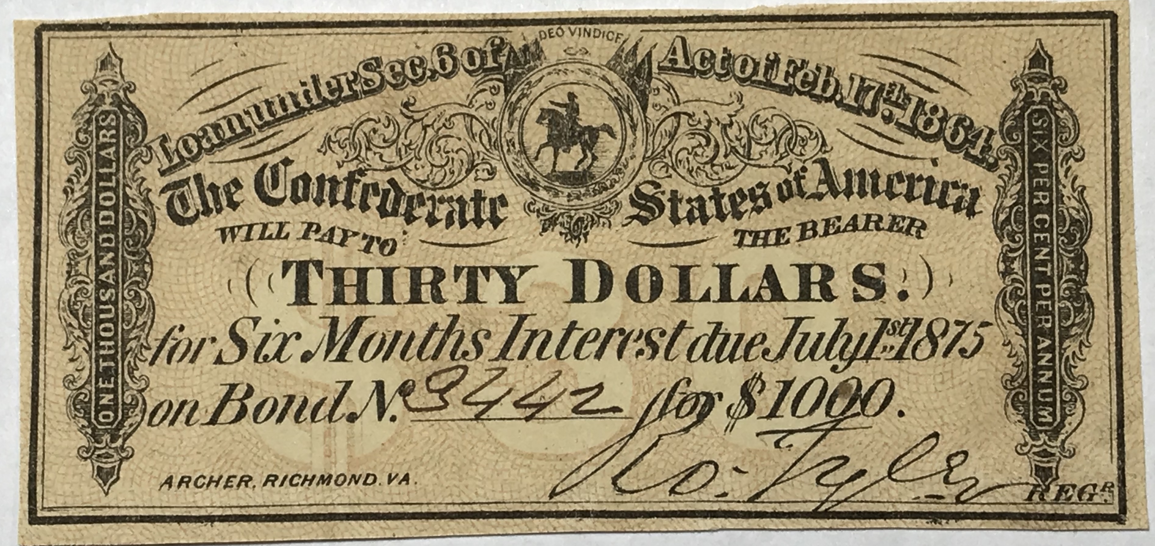 1864 Confederate States of America $1000 Civil War Bond $30 Coupon ...