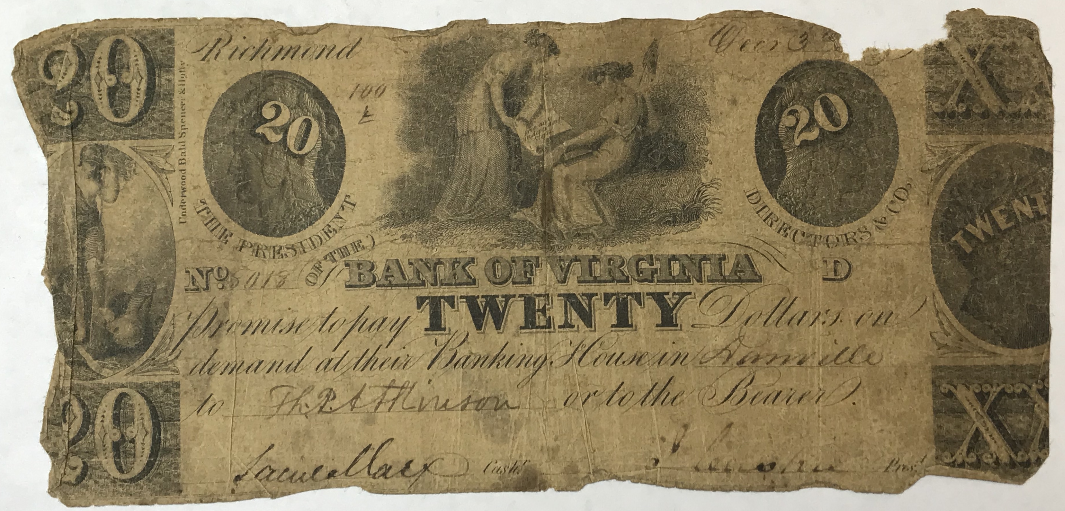 1800's $20 Bank of Virginia Obsolete Bank Note | Property Room