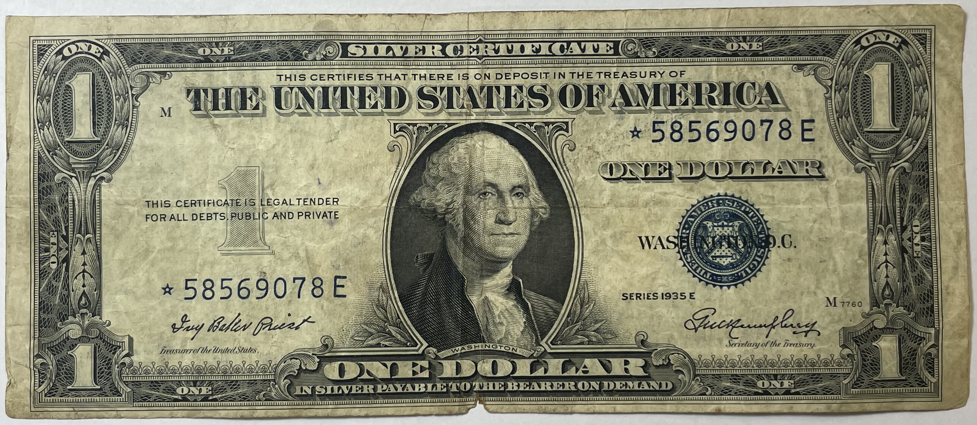 STAR NOTE REPLACEMENT ERROR 1935E $1 Silver Certificate Star Note ...